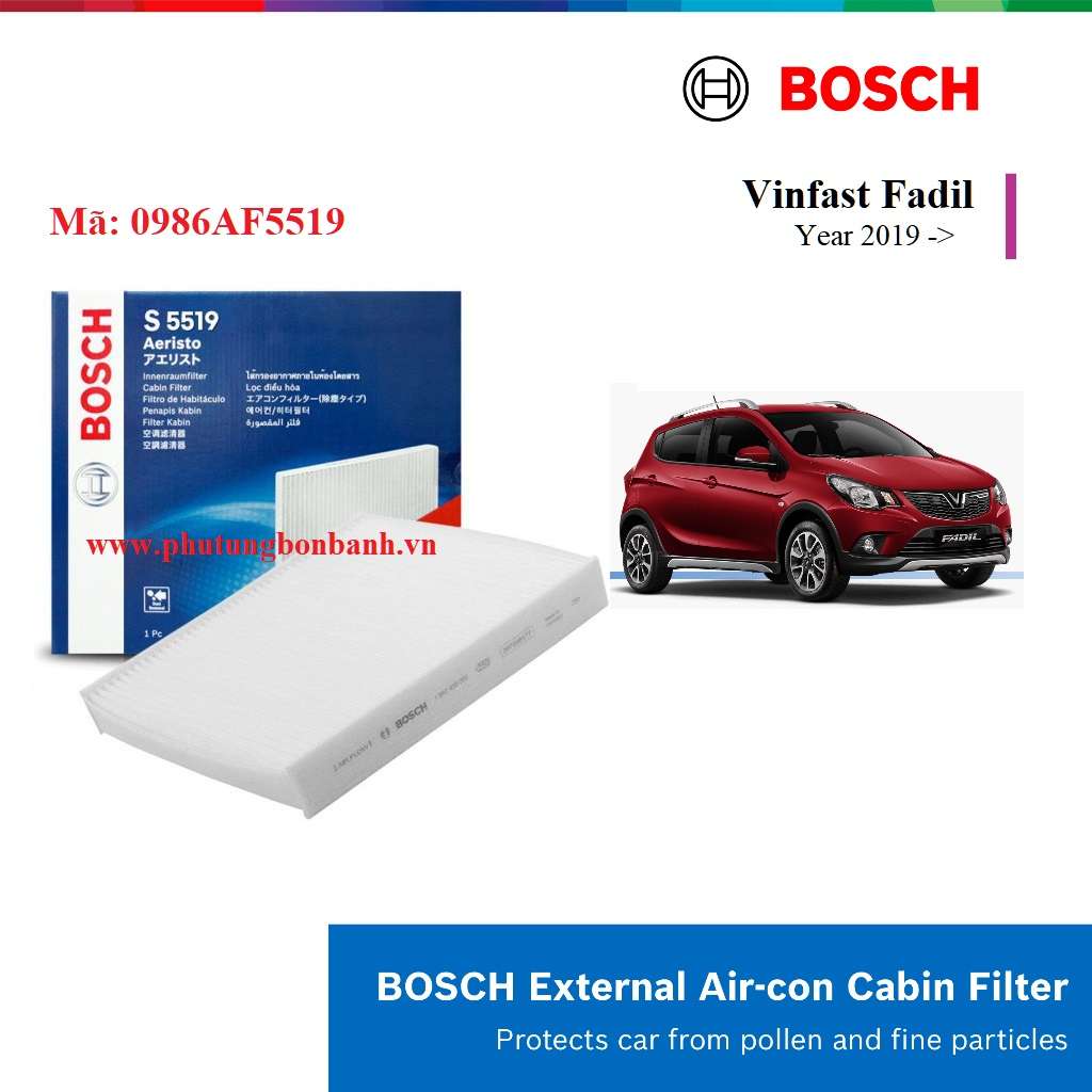 Lọc gió điều hòa ô tô xe Vinfast Fadil, Bosch Aeristo, mã 0986AF5519, size 240 x 204 x 35